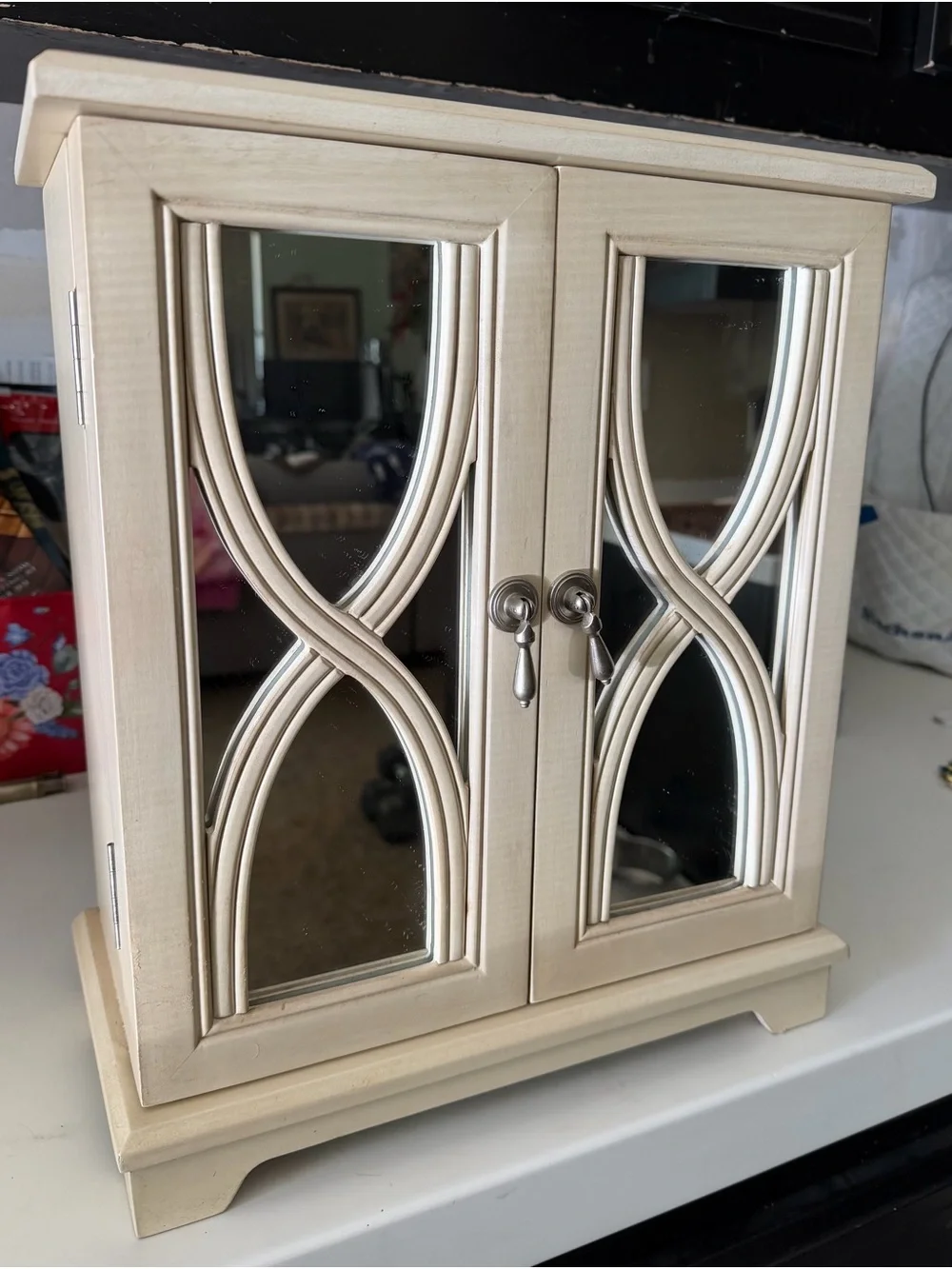 Wooden 5-Drawer Jewelry Organizer Cabinet with Mirror - Cream